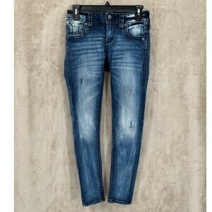 Rock Revival Jeans Women 25 Moon Skinny Dark Wash Distressed Grunge Low Rise Y2K